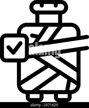 Black and white vector illustration of a suitcase with a diagonal strap and a checkmark indicating verified luggage Stock Vector