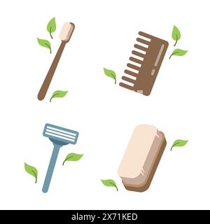 Zero waste concept. Set of ecological personal hygiene items - wooden toothbrush, comb, brush, Shaver. Vector illustration in cartoon style. Flat desi Stock Vector