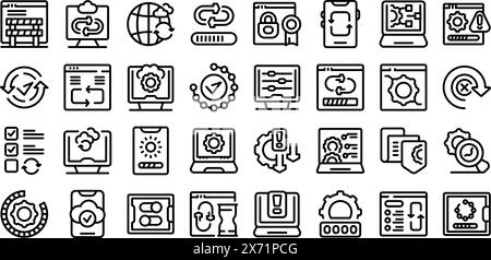 Update app software vector icon. A collection of icons for various computer programs and devices. The icons are all in black and white and are arranged in a grid Stock Vector