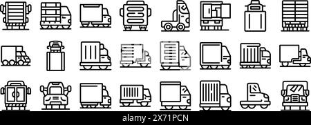 Truck semi-trailer vector icon. A collection of different types of vehicles, including cars, trucks, and buses. The vehicles are all drawn in a simple, stylized way, with no color or shading. Scene is one of order and organization Stock Vector