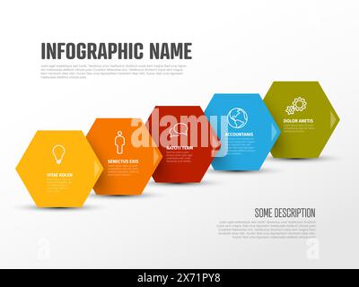 Colorful vector infographic report template with big color hexagons as steps of the process - light version with five pins shapes and icons on horizon Stock Vector