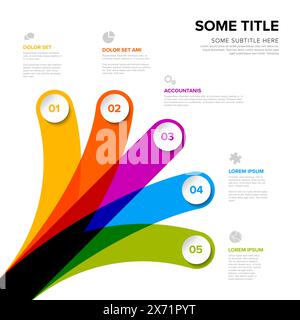 Simple multipurpose infographic rainbow color template with five different options choices each with number title icon and description Stock Vector
