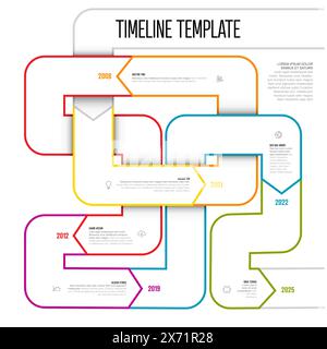 Colorful simple infochart tangle timeline template with arrows on thick color lines, icons, short descriptions and year numbers. Infographic timeline Stock Vector