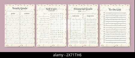 Business organizer floral spring paper sheets. Yearly planners worksheet lovely template set. Blank printable goal setting sheets. Scheduling pages fo Stock Vector