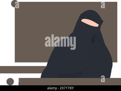 A illustration of a Muslim woman wearing a black niqab and hijab sitting with her hands on her cheeks. Stock Vector