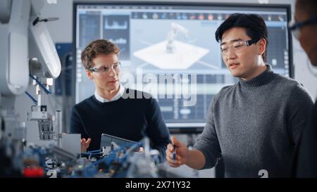 Male Student Gesturing and Holding Tablet While Working on Project with Classmate and Black Teacher. People Analysing Modern Technologies During Lesson. Science and Developing Concept. Stock Photo