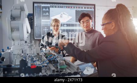 Curious Students Telling Ideas to Black Teacher while Working Together on Modification of Functions of Mechanical Arm for Engineering Project at School. Computer Science Education Concept. Stock Photo