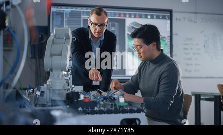 Chief Engineer Helping Asian Student of Engineering Faculty Work With Computer Motherboard and Processor. People Discussing with Each Other. Science, Robotics and Engineering Concept. Stock Photo