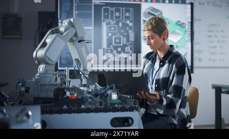 Caucasian Developer Writing Code at Laptop while Working with Robotic Arm. Startup and Programming at Laboratory. High-Tech Science, Robotics and Research at University of Technology Concept. Stock Photo
