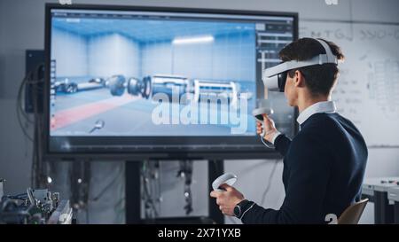 Student Mechanical Engineer in VR Headset and Controllers, Uses VR Technology for Industrial Design, Development, Prototyping in CAD Software on Computer. Augmented Reality Concept. Stock Photo