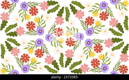 Seamless pattern with floral elements. Kaleidoscope effect Botanical inspired repeated design with green leaves and sort of different flowers - lilac, pink, red, yellow Stock Vector