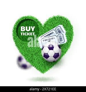 Football championship tournament, poster banner design template. Heart shape sports field with soccer balls and tickets. Vector cartoon illustration i Stock Vector