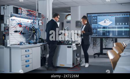 Diverse Colleagues Standing Near Table With Robot Arm And Discussing Complicated High-Tech Project While Using Digital Tablet. Bright Facility, Creative People Working in Start Up Concept. Stock Photo