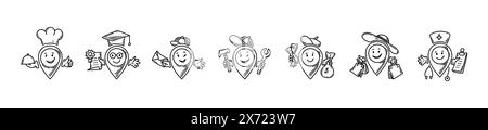 Cute line doodle location pin emoji. Set of freehand sketch pinpoints. Map address comic emoticons. Smiling funny characters Stock Vector