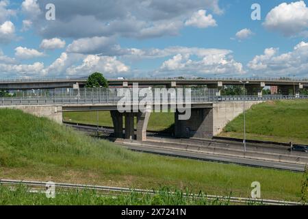 highway overpasses, may also include emergency lanes, pavements for pedestrians and lighting systems to ensure visibility at night. Turin, Italy 9 May Stock Photo