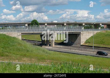 highway overpasses, may also include emergency lanes, pavements for pedestrians and lighting systems to ensure visibility at night. Turin, Italy 9 May Stock Photo