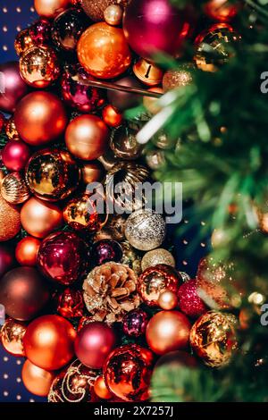 Close-up of Christmas decorations: colorful Christmas balls and fir branches Stock Photo