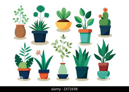 Potted plants set. Interior houseplants in pots.  Stock Vector