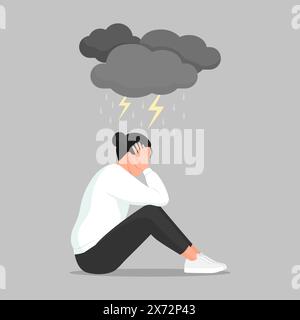 Depressed woman sitting with head in hands and dark clouds over her head, depression and mental health concept Stock Vector