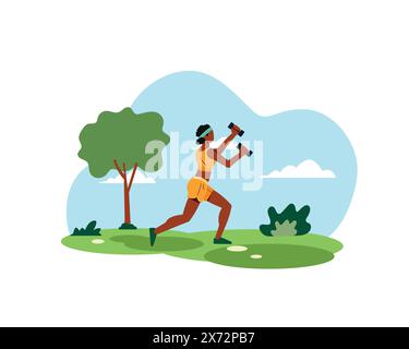 Young woman exercising using weights in both hands. healthy lifestyle and recreation. Flat style design for sport and leisure activity concept. Stock Vector