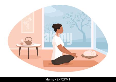 Woman sitting on the floor and practicing meditation at home, mindfulness and spirituality concept Stock Vector