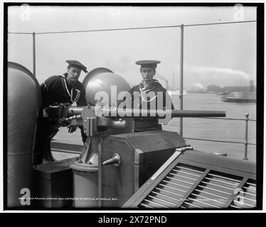 U.S.S. Raleigh, Spanish gun captured at Battle of Manila Bay, Attribution to Hart based on negatives with similar numbers., Date based on Detroit, Catalogue J (1901)., Detroit Publishing Co. no. 020917., Gift; State Historical Society of Colorado; 1949,  Raleigh (Cruiser) , United States., Navy. , Cruisers (Warships), American. , Seamen, American. , artillery (weaponry) , Spanish-American War, 1898, Destruction & pillage. Stock Photo