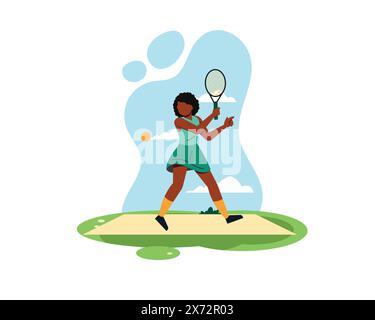 Young woman preparing to hit a tennis ball in tennis practice. Sport and recreation activities in flat style design. healthy life illustration Stock Vector