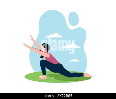 Young woman is stretching in the park in the morning. sport and recreation activities illustration. Simple flat design for healty lifetyle Stock Vector