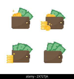 8-bit Pixel Art Cash Money icons set. Pixel Wallet with banknotes and Golden Credit Card. Pixel Piggy Bank. Payment icons in retro video game style Stock Vector