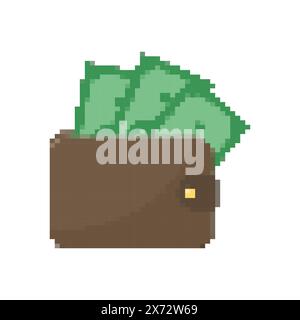 8-bit Pixel Art Cash Money icons set. Pixel Wallet with banknotes and Golden Credit Card. Pixel Piggy Bank. Payment icons in retro video game style Stock Vector