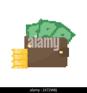 8-bit Pixel Art Cash Money icons set. Pixel Wallet with banknotes and Golden Credit Card. Pixel Piggy Bank. Payment icons in retro video game style Stock Vector
