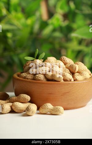 Fresh unpeeled peanuts in bowl on white table against blurred background Stock Photo