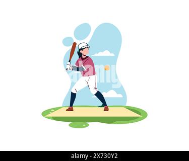 female baseball player takes steps to hit the ball. sport and recreation concept. Healthy lifestyle illustration in flat style design Stock Vector