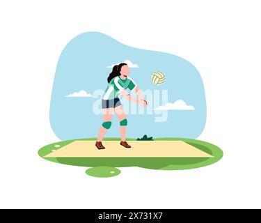 A female volleyball player low passing the ball with both hands. sport and recreation concept. Healthy lifestyle illustration in flatstyle design Stock Vector