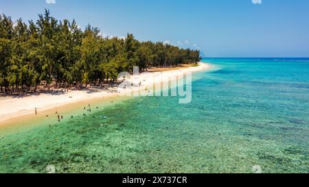 Beach of Flic en Flac with Piton de la Petite Riviere Noire Mauritius. Beautiful Mauritius Island with gorgeous beach Flic en Flac, aerial view from d Stock Photo