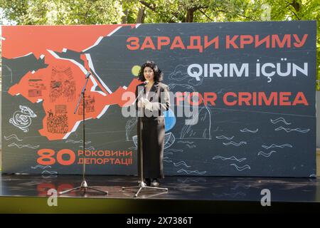 Non Exclusive: KYIV, UKRAINE - MAY 17, 2024 - Permanent Representative of the President of Ukraine in the ARC Tamila Tasheva speaks at the opening of Stock Photo