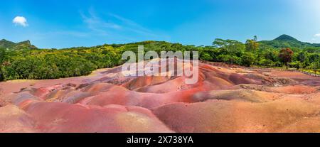 Chamarel Seven Colored Earth Geopark in Mauritius Island. Colorful panoramic landscape about this volcanic geological formation Chamarel Seven Colored Stock Photo