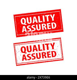 Quality Assured are written on red and white stamps. Grunge vintage Quality Assured square stamp Stock Vector