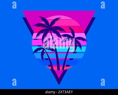 Retro futuristic sunset with palm trees and triangle in 80s style. Sci-fi palm trees at sunset in synthwave and retrowave style. Design for print, ban Stock Vector