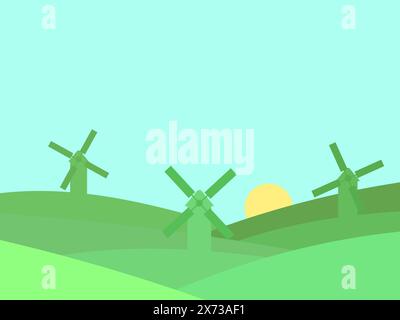Landscape with green hills and mills in a minimalist style. Countryside with windmills, fields and sun. Design for covers, banners and promotional pro Stock Vector