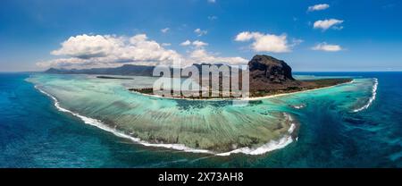 Aerial view of Mauritius island panorama and famous Le Morne Brabant mountain, beautiful blue lagoon and underwater waterfall. Aerial view of Le morne Stock Photo