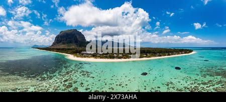 Aerial view of Le morne Brabant in Mauriutius. Tropical crystal ocean with Le Morne mountain and luxury beach in Mauritius. Le Morne beach with palm t Stock Photo