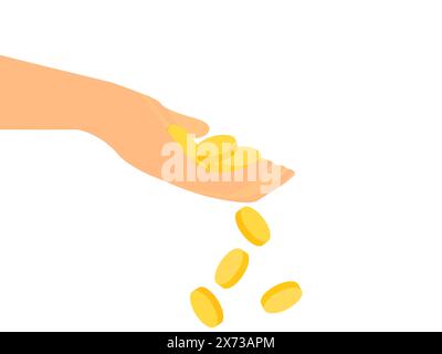 Coins on the palm isolated on a white background. Gold coins fall from the palm. A hand holds a handful of coins. Design for print, banners and promot Stock Vector