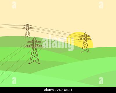 High-voltage power line among green hills. Wavy landscape with power line supports in a minimalist style. Transmission towers at dawn. Design for post Stock Vector