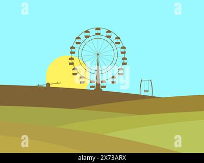 Landscape with the silhouette of a Ferris wheel and a swing in the distance. Hilly landscape in a minimalist style. Design for covers, wallpapers and Stock Vector