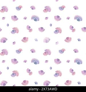 Seashells scallops in blue, lilac and pink colors on a white background. Watercolor illustration. Seamless pattern. For fabrics, textiles and wallpape Stock Photo