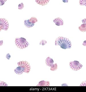 Seashells scallops in blue, lilac and pink colors on a white background. Watercolor illustration. Seamless pattern. For fabrics, textiles and wallpape Stock Photo
