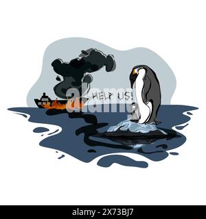 Oil spill in sea and dirty penguin. Environment disaster, ocean pollution, ecology catastrophe concept. Vector cartoon illustration Stock Vector