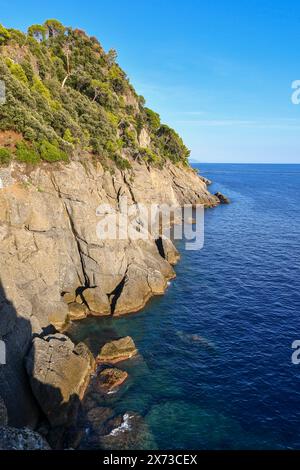 High-angle view from a cliff of the Promontory in the Portofino Regional Natural Park in summer, Portofino, Genoa, Liguria, Italy Stock Photo