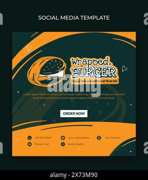 Banner template in square design with green orange background and simple wrapped burger vector design. green orange abstract background Stock Vector